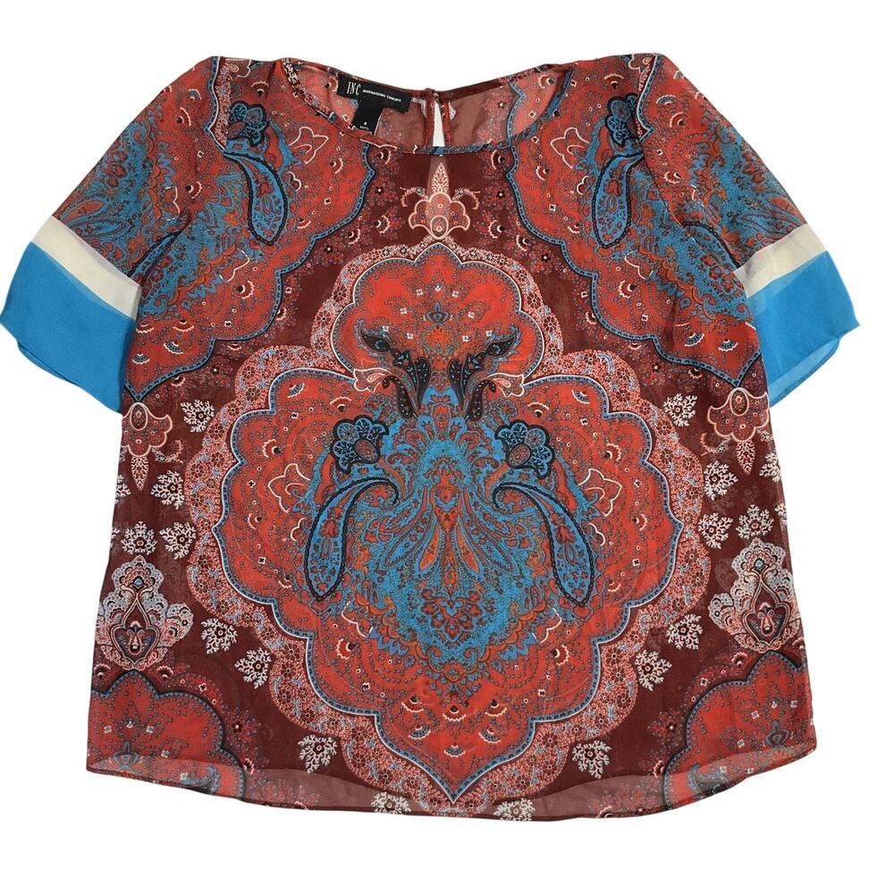 INC International Concepts Women Blouse 4 Red Paisley Crew Neck Button Sheer 3/4